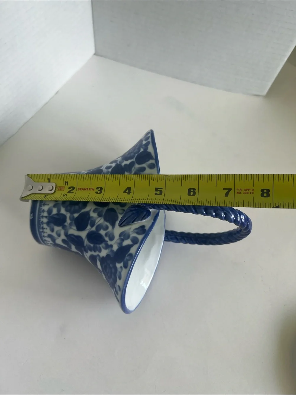 Vintage Blue White Porcelain Basket Floral Ceramic Twisted Handle Applied Leaves